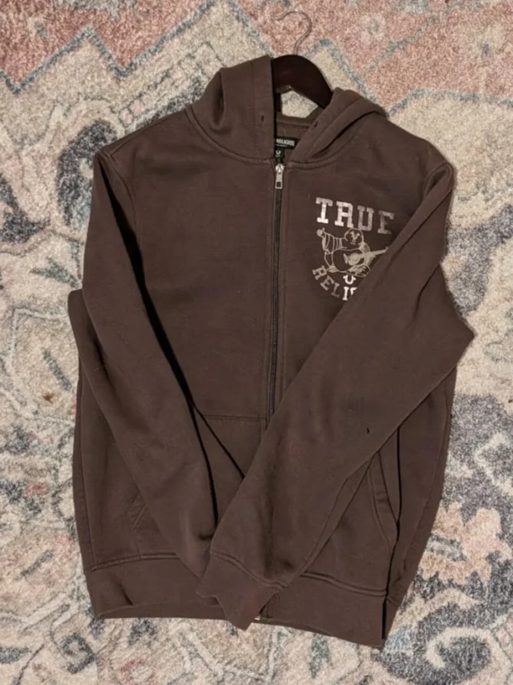 True Religion Men Brown Full Zip Hoodie Graphic Buddha Guitar Size M Oversize